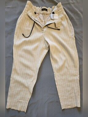 Marc Cain Beige Pinstripe Paperbag Pants Italian Fabric - Size N2 US 4